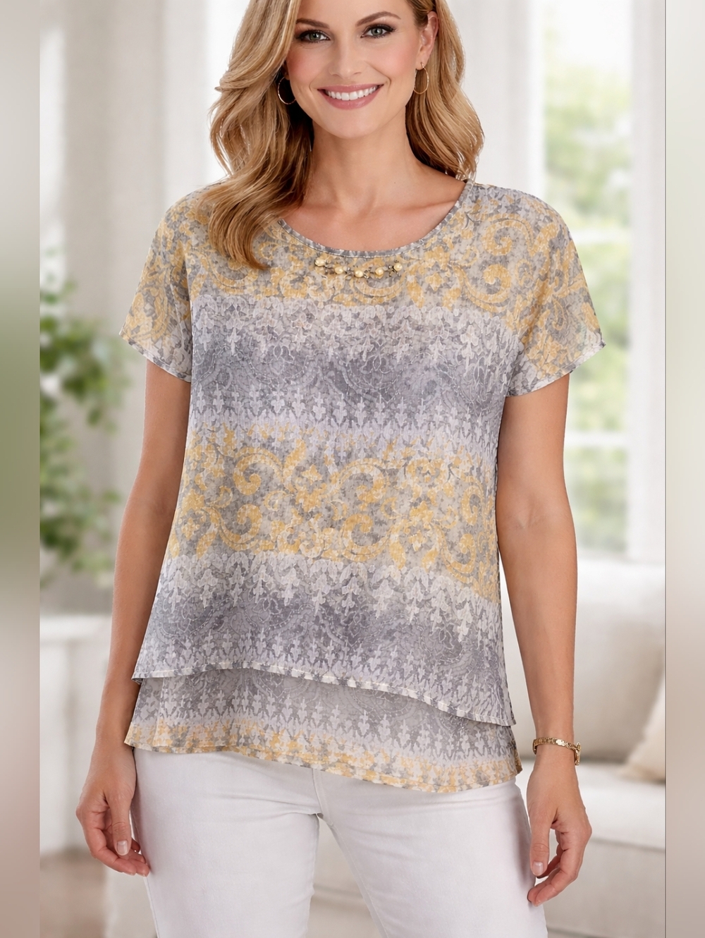 🔥ALFRED DUNNER Women's Gray Yellow White Layered  Dolman Short Sleeve Top Sz 12